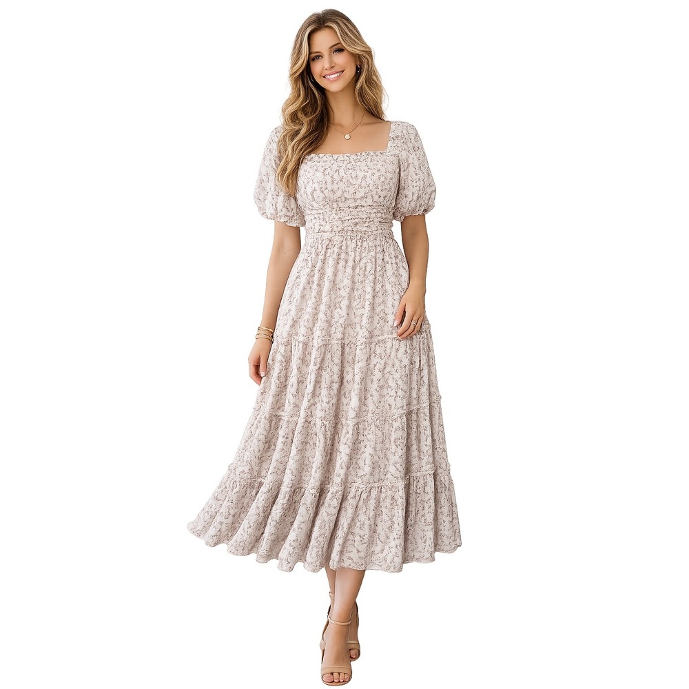 Altard State Floral Puff Sleeve Tiered Midi Dress Cream Brown XS 052310